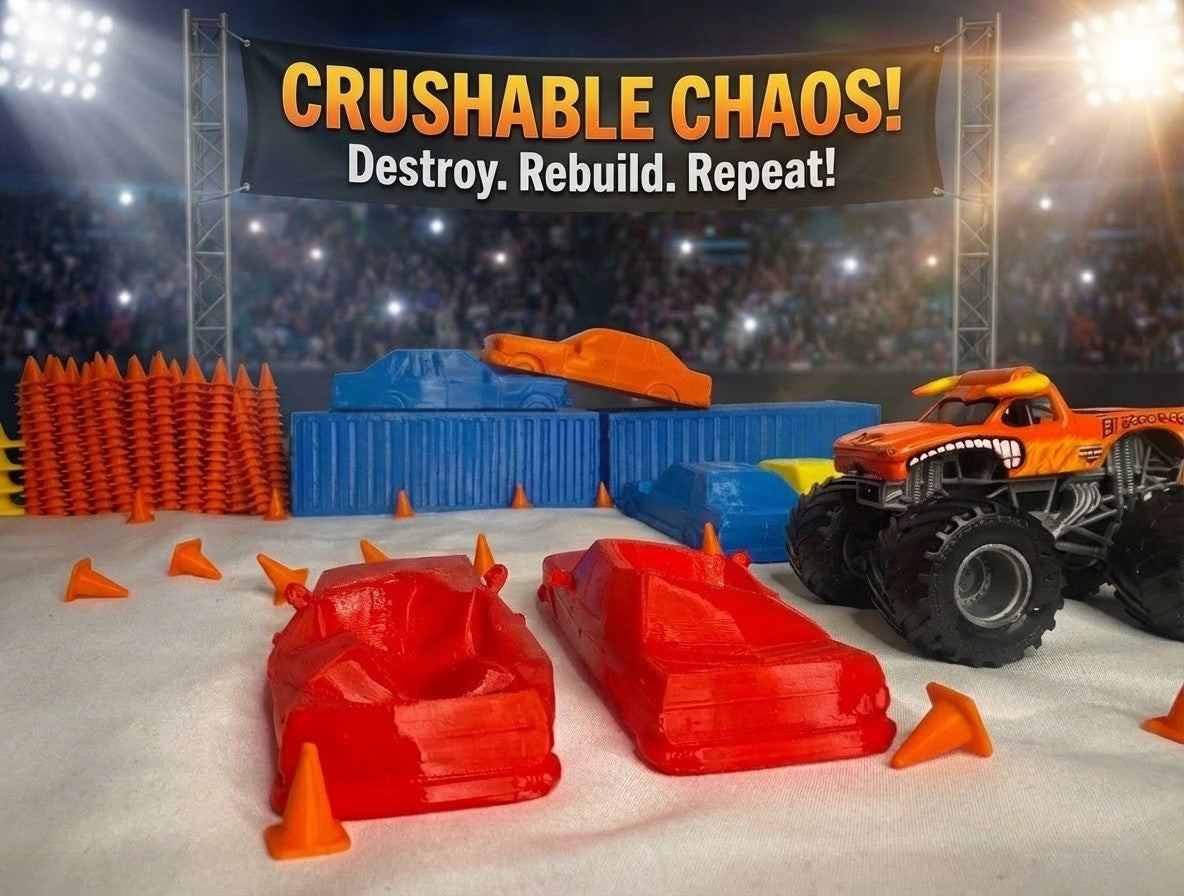 Toy monster truck set up for a 'Crushable Chaos' destruction and rebuilding scenario with bright colors and a dramatic background.